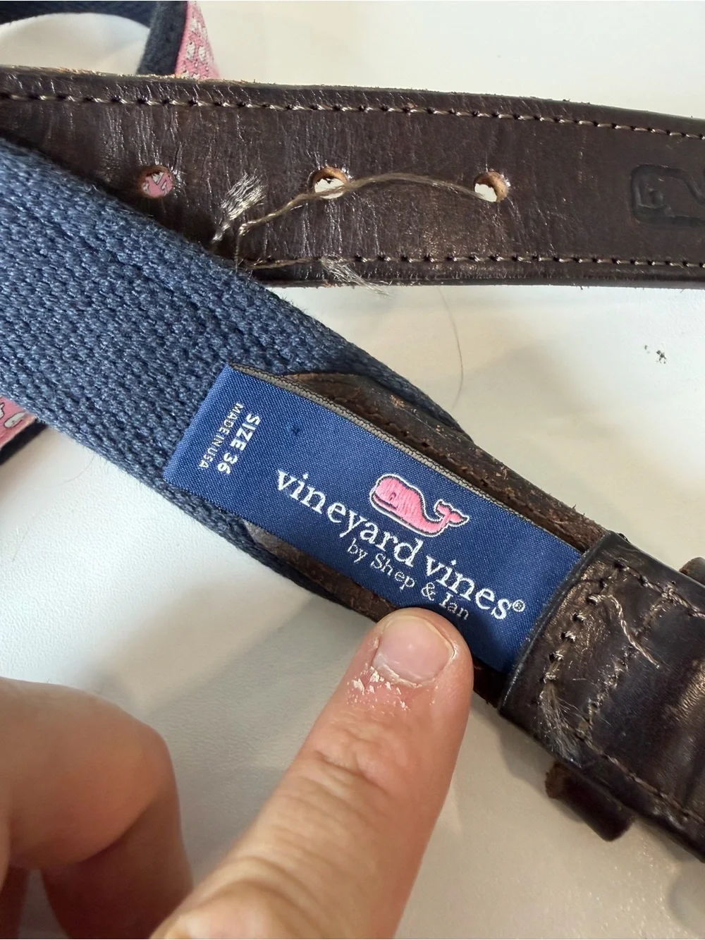 Vineyard Vines 36W Pink Patterned Whale Pattern Belt with Brown Leather